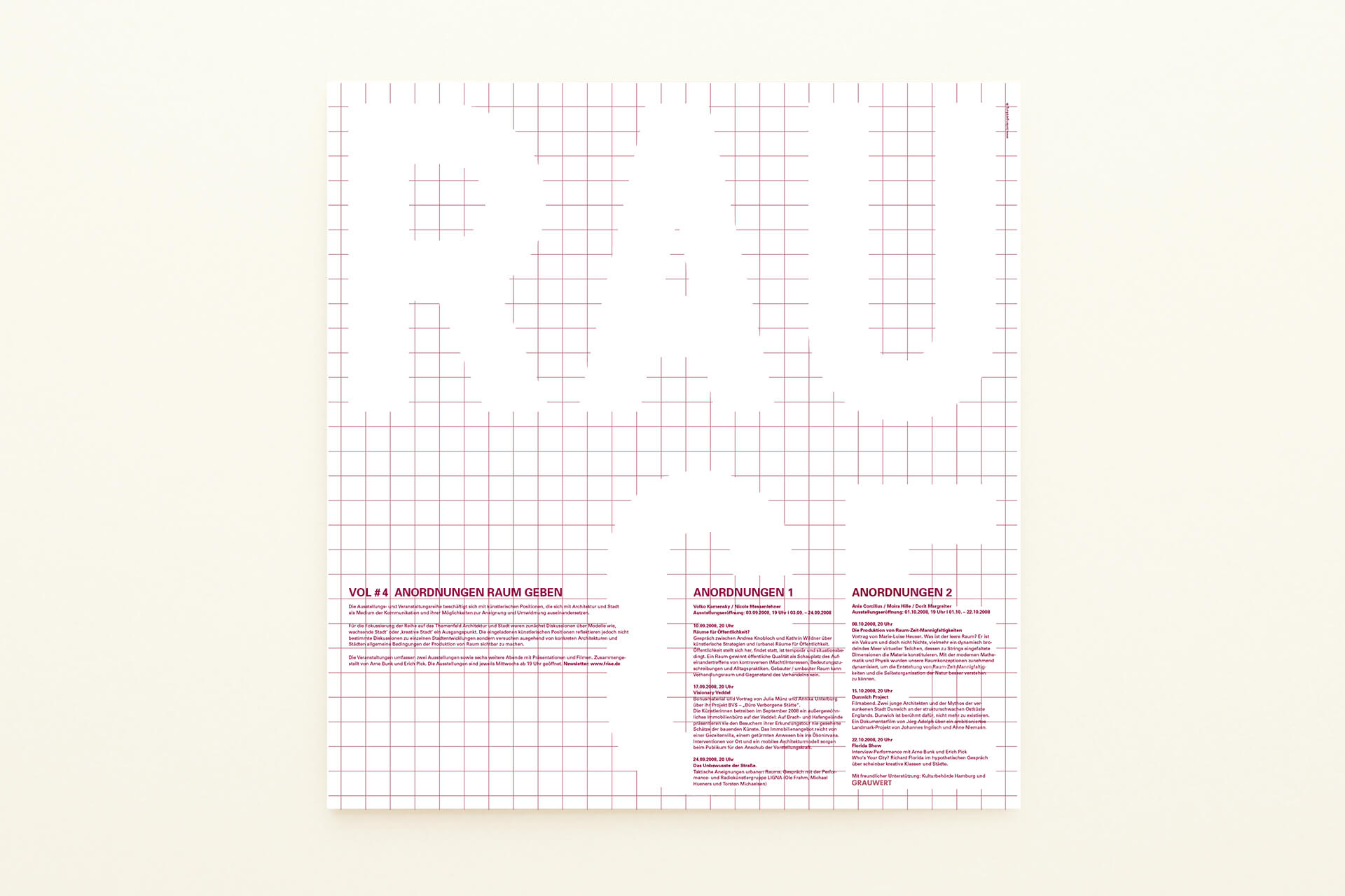 Quadratisches Ausstellungsplakat mit für „Raum Geben“. Einfarbig mit purpurner Sonderfarbe gedruckt (Rückseite)