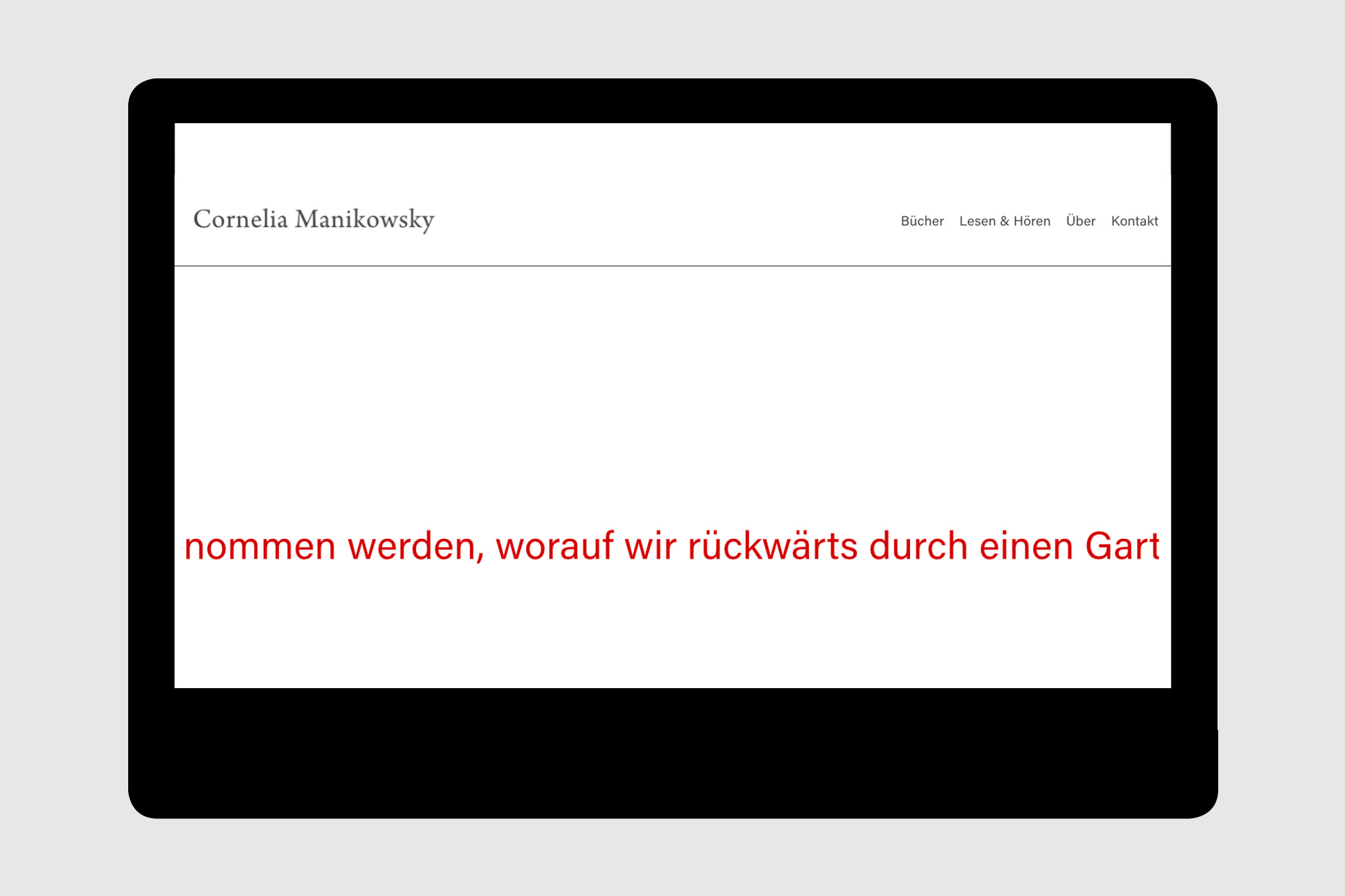 Detail der Typografie mit offener Outline für die Navigation der Frise-Website mit u.a. den Wörtern: Frise, About ABZ.